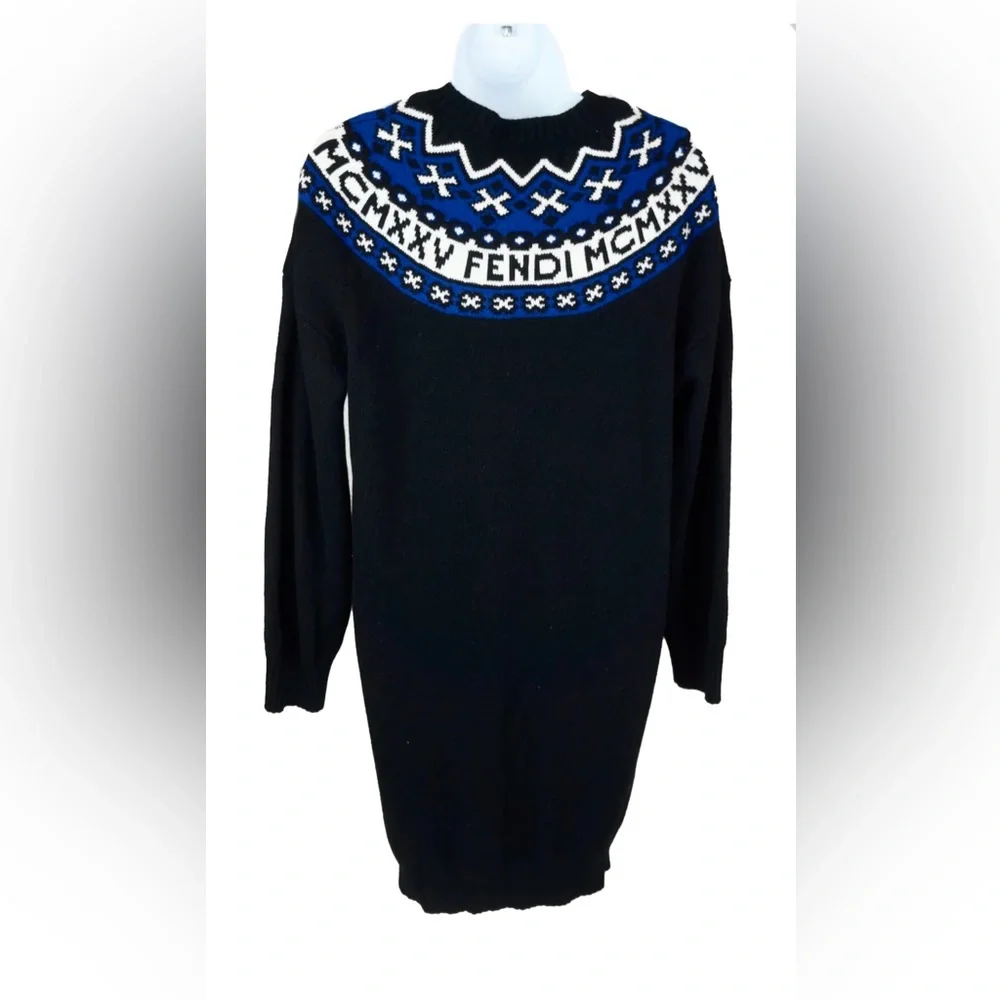 FENDI Black Fair Isle Wool Cashmere Knit Sweater Dress Size 42 It, 6 US - Picture 5 of 9